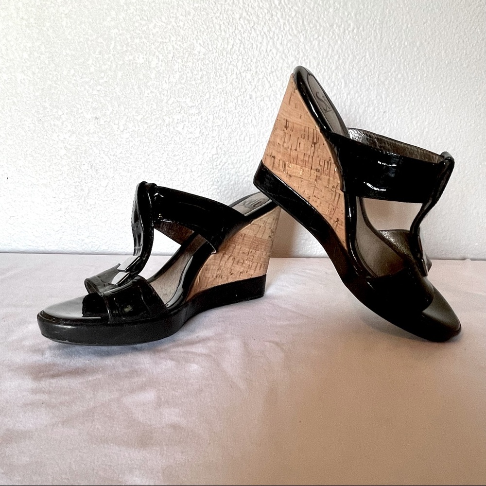 Black Faux Alligator and Cork Wedge Sandals